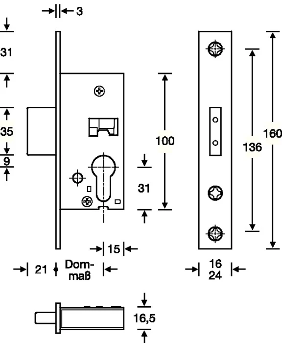 SSF Zamek wpuszczany z ramą rurową ( 3324024291 ) PZ 24/35 mm DIN lewy / prawy długość płyty czołowej 160 mm