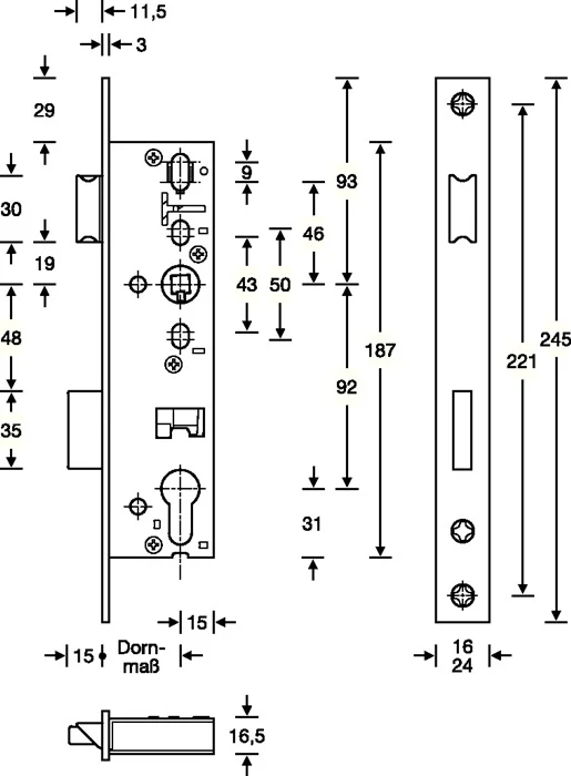 SSF Zamek wpuszczany ramowy rurowy ( 3324024269 ) PZW 24/45/92/8 mm DIN lewy / prawy wnęka zasuwy 15 mm 245 mm