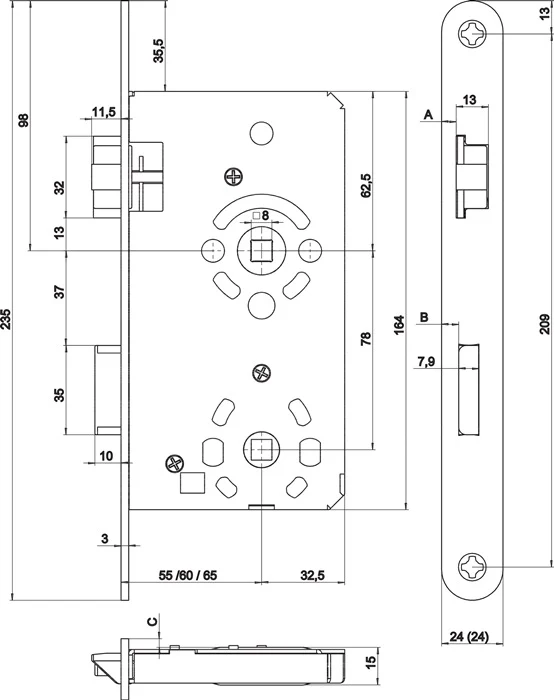 Zamek wpuszczany do drzwi pokojowych SSF BAD 20/ 55/78/8 mm DIN prawy ( 3324024317 )