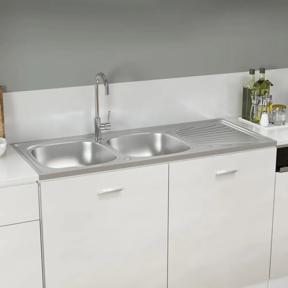 Zlew kuchenny dwukomorowy, srebrny, 1200x500x155 mm, stal