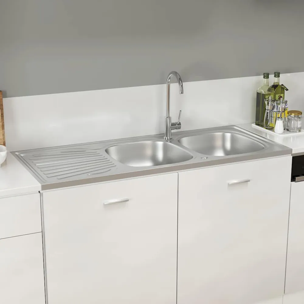Zlew kuchenny dwukomorowy, srebrny, 1200x500x155 mm, stal